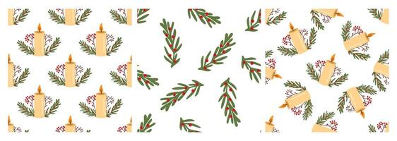 Seamless patterns with Christmas candles and greenery vector