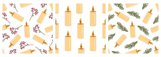 Seamless patterns with candles and Christmas greenery vector