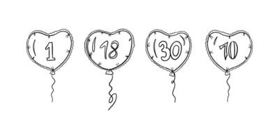 Outline Balloons In Shape of hearts With Numbers 1, 18, 30, 70 In Center vector