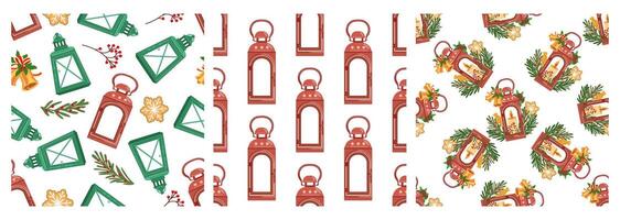 Christmas lantern seamless patterns with festive decorations vector