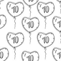 Seamless pattern of balloon in shape of heart with number seventy in center in outline style vector