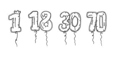 Balloons In Shape Of Numbers 1, 18, 30, 70 In Outline Style. Set vector
