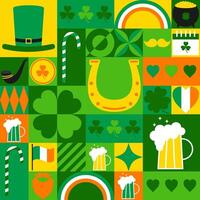 Festive seamless pattern for St. Patrick's Day. Modern geometric pattern with leprechaun hat, smoking pipe, clover, horseshoe, glass of beer, Ireland flag. Abstract trendy design. illustration vector