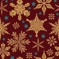a seamless pattern with gold and blue snowflakes on a burgundy background vector