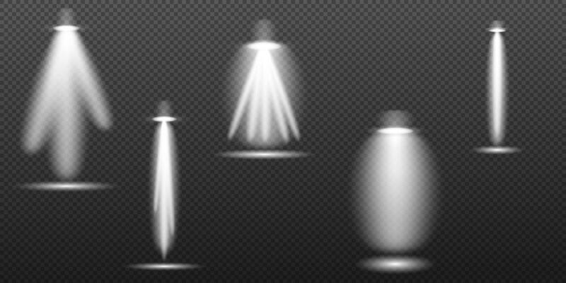 a set of four white light beams on a black background
