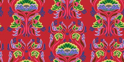 a red and green pattern with flowers and leaves vector