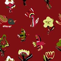 a pattern of birds and flowers on a red background vector