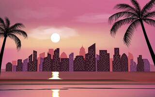 silhouette city skyline view with palm trees and beach background vector