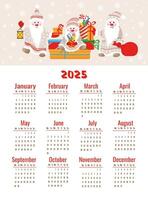 Calendar for 2025 with cute gnomes with gifts. Week starts on Monday. Illustration in vertical format A4, A5. vector