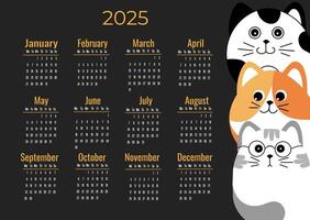Calendar for 2025 with cute white cats on black background. Week starts on Monday. Illustration in horizontal format A4, A5. vector