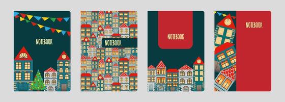 Set of cover designs for notebook, notepad, catalog with hand drawn european town. Vertical format A4, A5. vector