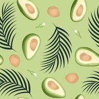 Seamless pattern with hand drawn tropical palm leaves and avocado slice on green background. vector