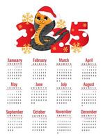 Calendar for 2025 with symbol of the year. Cute snake on white background. Week starts on Sunday. vector