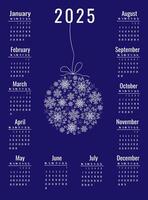 Calendar for 2025, decorated with a composition of snowflakes in the shape of a Christmas ball on blue background. Week starts on Monday. Illustration in vertical format A4, A5. vector
