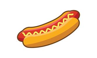 Fast food hot dog cartoon illustration. Hotdog with mustard on white background. Side view. poster, menus, brochure, web vector