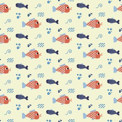 Colorful illustration featuring playful fish swimming among waves in a vibrant underwater pattern