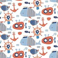 Whimsical underwater pattern featuring fish, whales, anchors, and steering wheels in playful colors vector