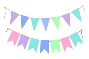Festive Pennant garland on rope in trendy soft tint Set 2 Birthday Party or any event design element. Isolated illustration Cards, poster, banner, border or web promo, invitations, label, price vector