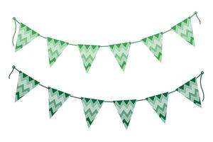 Triangular ornamental pennant garlands on rope in trendy monochrome green. St Patrick Day greeting. Set 2 Isolated illustration Cards, leaflets, banner, label, tags or web promo, media posts vector