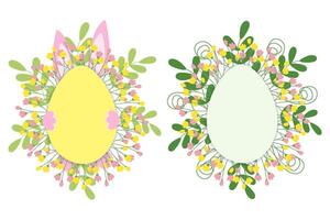 Ester bunny pink ears and paws with Blooming twigs and green leaves Egg shaped Frames Set 2 Template. Copy space. Isolated illustration Thematic Cards, posts, leaflet, banner, tag or web promo vector