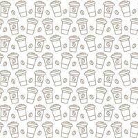 Disposable cups with lid and grains Outline Seamless pattern in trendy minimalism. Coffee Day fond. Isolated illustration Wallpaper, wrapping, Greeting cards or web promo, leaflet, banner, tag vector