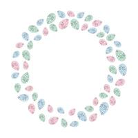 Colorful Easter eggs patterned blooming twigs and strings Circle frame border Copy space Template. Isolated illustration Greeting cards, media post, blogs, banners, leaflets, price or web promo vector