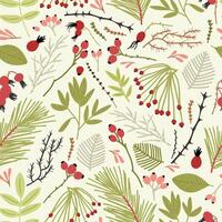 Elegant seamless pattern with branches of coniferous tree, berries, fir needles and leaves on white background. Backdrop with wild forest plants. illustration for textile print, wrapping paper vector