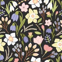 Bright colored seamless pattern with beautiful blooming flowers and inflorescences on black background. Botanical backdrop with flowering plants. illustration for fabric print, wrapping paper vector