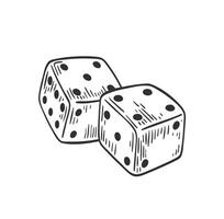 Pair of dice lying with four and five on top side drawn with black contour lines on white background. Throwable gambling device for tabletop games. Monochrome illustration in engraving style vector