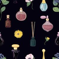 Seamless pattern with aromatic perfumes in glass decorative bottles or flasks, elegant blooming flowers on black background. Realistic illustration for wrapping paper, wallpaper, textile print vector