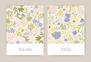 Collection of beautiful birthday greeting card or postcard templates with gorgeous colorful blooming flowers and leaves and elegant inscriptions handwritten with cursive font. illustration vector