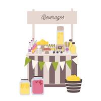 Marketplace or counter with signboard, bottles and jars with lemonade and other beverages. Place for selling refreshing drinks on local farmers market. Flat cartoon colorful illustration vector