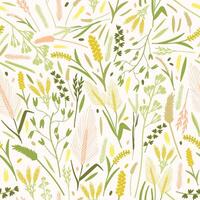 Natural seamless pattern with gorgeous blooming flowers and ears or spikes of cereal plants on white background. Backdrop with wild flowering plants. illustration for fabric print, wallpaper vector