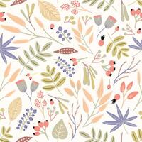 Motley seamless pattern with berries, leaves and inflorescences on white background. Decorative botanical backdrop. Beautiful illustration for textile print, wrapping paper, wallpaper vector