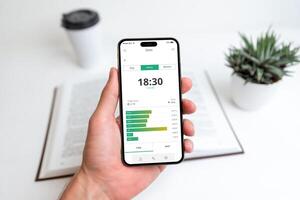Smartphone displaying learning progress tracking app, monitoring study time, research efforts, and project milestones, symbolizing goal achievement, productivity, and time management photo