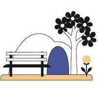 A bench and tree in front of a cave vector