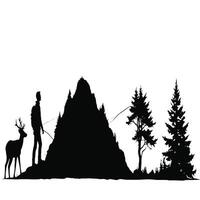 Silhouette of a man and deer in the mountains vector