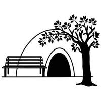 A black and white image of a bench under a tree vector
