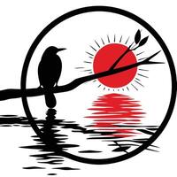 A bird sitting on a branch in front of a red sun vector
