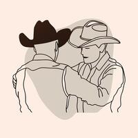 Two men in cowboy hats are hugging each other vector