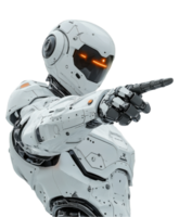 futurista robô com lustroso Projeto e brilhando laranja olhos pontos avançar, exibindo avançado tecnologia e moderno estética. isto impressionante figura incorpora inovação e precisão png