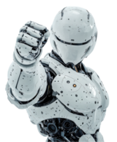 futuristic robot with sleek white exterior and intricate mechanical details stands confidently, showcasing its powerful fist. This advanced technology embodies strength and innovation png