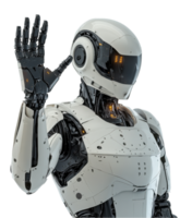 futuristic humanoid robot with sleek design and friendly gesture, showcasing advanced technology and intricate details. Its shiny exterior and illuminated features evoke sense of innovation and png