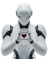 futuristic robot with sleek design holds glowing heart symbol, representing fusion of technology and emotion. This striking image evokes feelings of connection and innovation png
