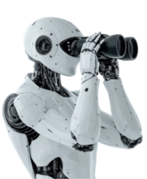 futuristic robot with sleek design is using binoculars to observe its surroundings. advanced technology and intricate details of its structure highlight blend of robotics and exploration png