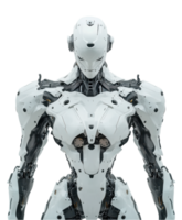 futuristic humanoid robot with sleek white exterior and intricate mechanical details stands confidently. Its design showcases advanced technology and innovation, evoking sense of curiosity and png