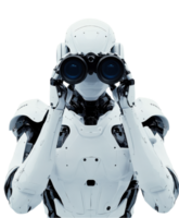 futurista robot con pulcro diseño es utilizando prismáticos, exhibiendo avanzado tecnología y curiosidad. robots blanco exterior contrastes con sus intrincado mecánico detalles, evocando sentido de png