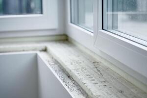 Process of renovation in new apartment, installing sill in modern pvc window photo