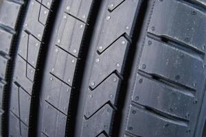 Detailed close up of tread pattern on new summer car tire photo