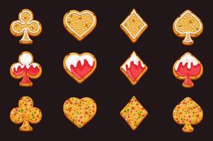 Biscuits with playing card symbols shape, Set of playing card symbols like cookies for your game and slot machines- clubs, diamonds , hearts and spades vector